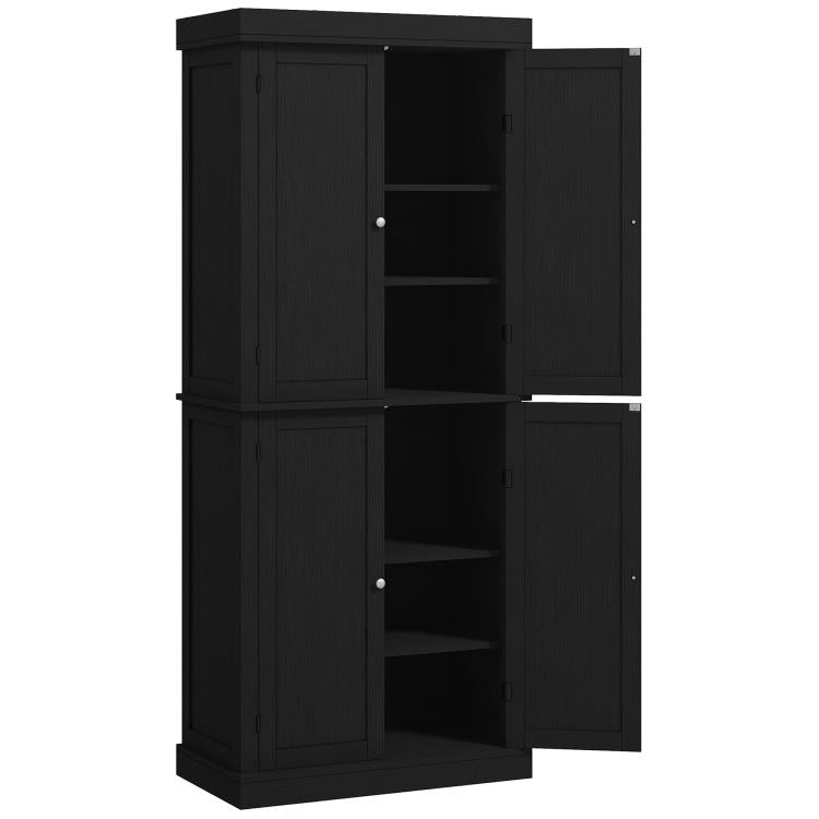 Black pantry cabinet with open doors showing interior shelves and four hinged cabinet doors