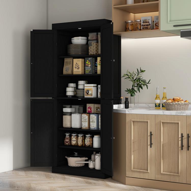 Black kitchen pantry cabinet with fully open doors and visible food storage shelves