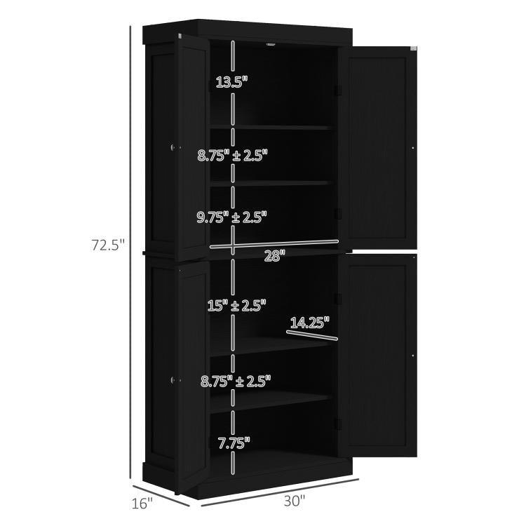 Black pantry cabinet dimensions view with adjustable-shelf storage layout