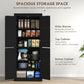 Black pantry storage cabinet with wide shelves and top/bottom storage compartments