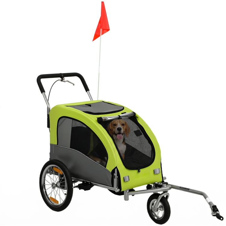 Green pet bike trailer with gray panels, mesh windows, and rear canopy