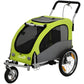 Green foldable pet stroller trailer with black handlebar and front mesh window