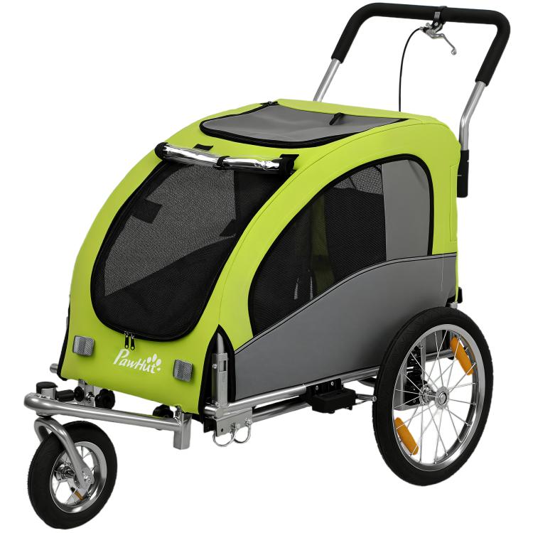 Green foldable pet stroller trailer with black handlebar and front mesh window