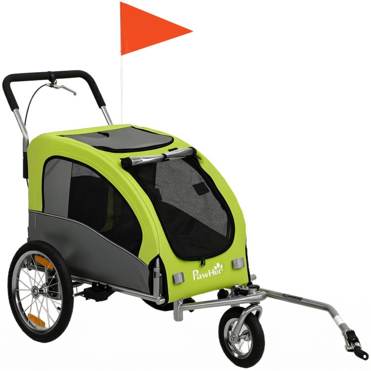 Green PawHut pet stroller trailer with black mesh windows, foldable hitch bar and wheels