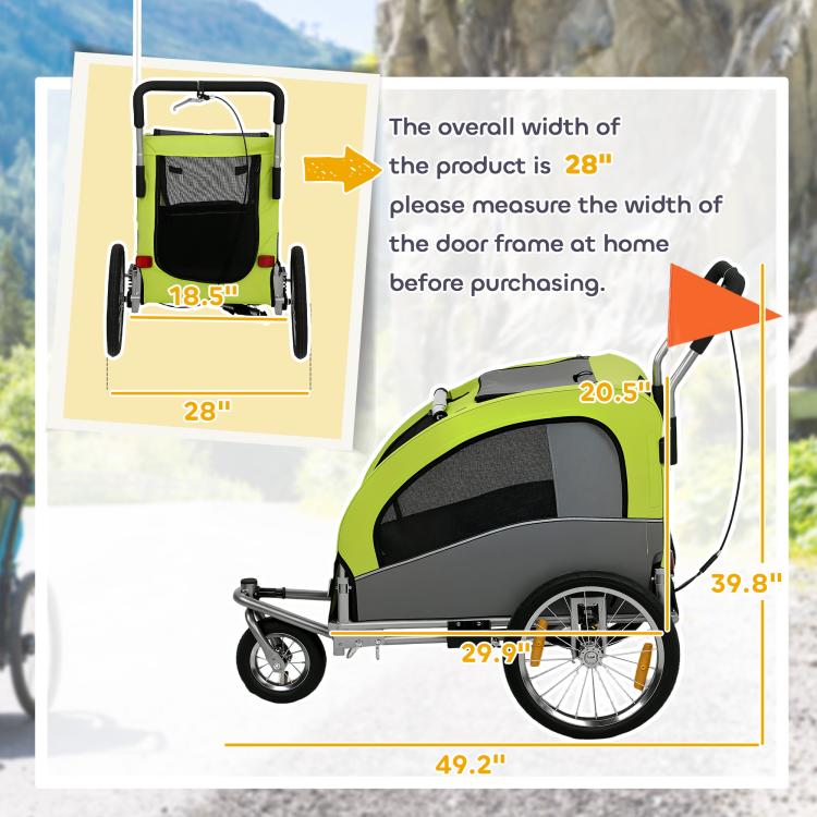 Green pet bike trailer side view with foldable frame and suspension wheels
