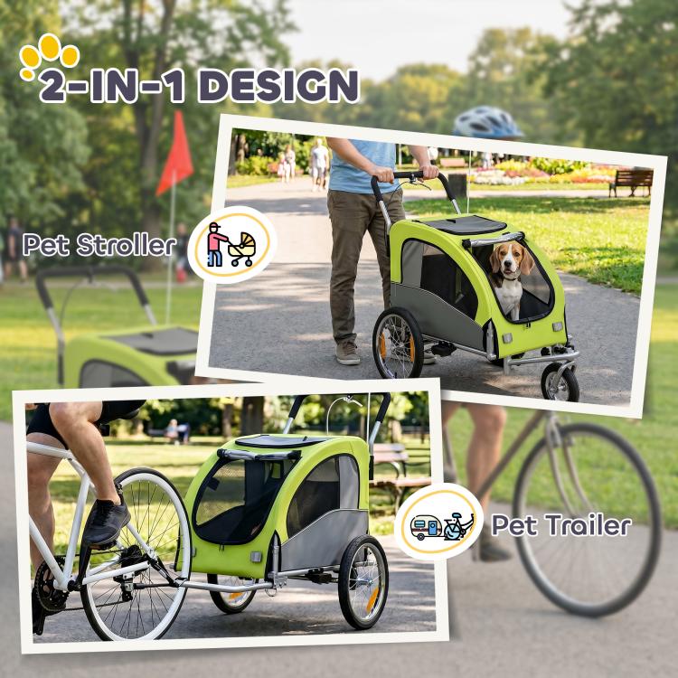 Green 2-in-1 pet stroller and bike trailer with handlebar and mesh enclosure