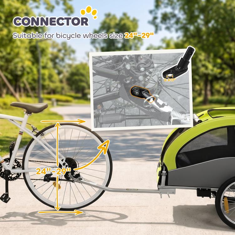 Green connector hitch area for bicycle wheels, shown with trailer attached
