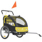 2-seat yellow and black bike trailer side view with mesh windows and front wheel