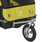 Yellow and black 2-seat bike cargo trailer with mesh windows and rear wheel