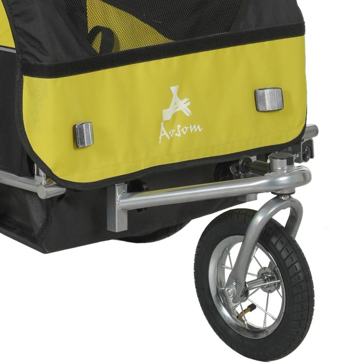 Yellow and black 2-seat bike cargo trailer with mesh windows and rear wheel