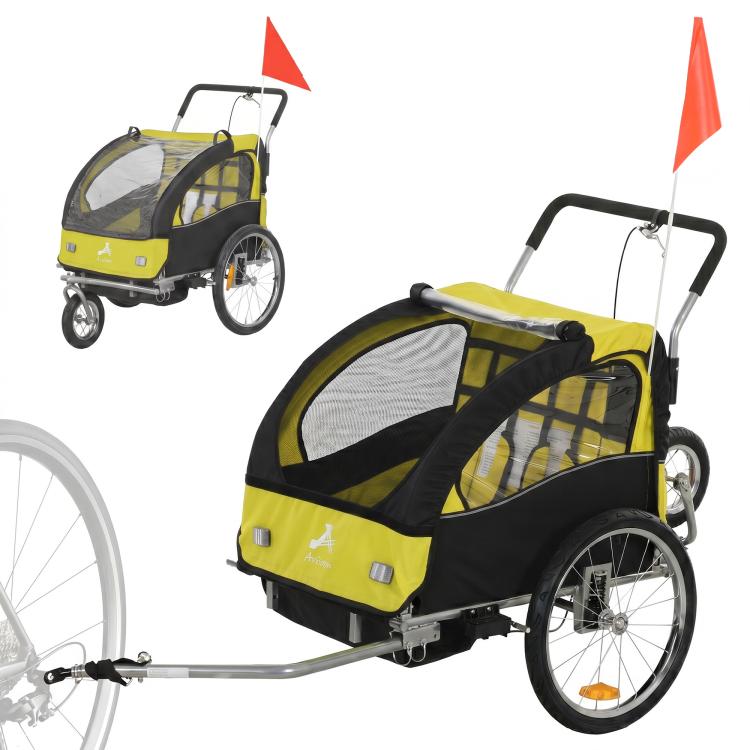 Yellow kids bike trailer with mesh side windows, two seats, and front handlebar