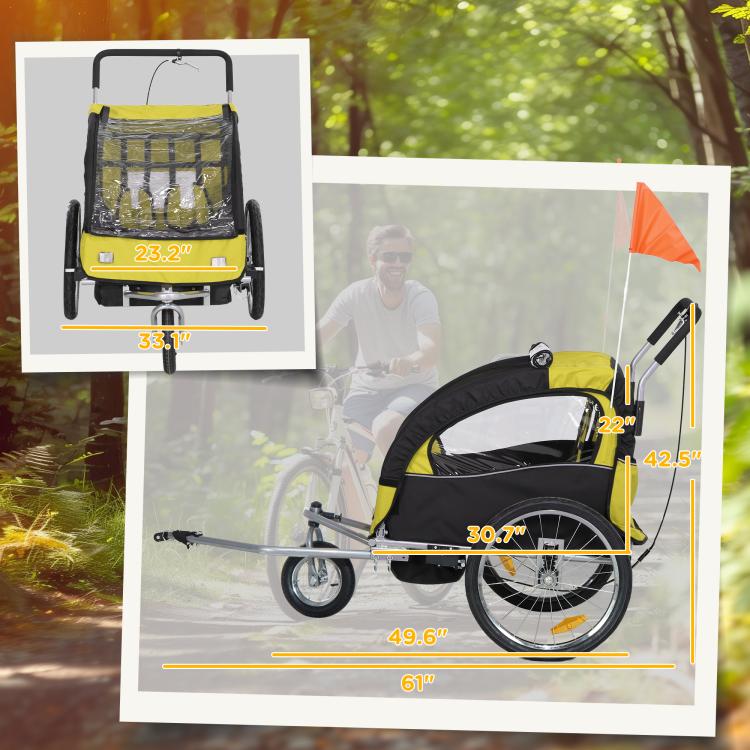 Yellow and black bike trailer side profile with orange safety flag