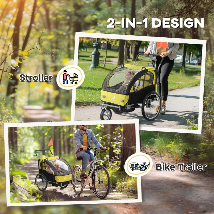 Yellow and black bike trailer showing bike setup with rear wheels and mesh window
