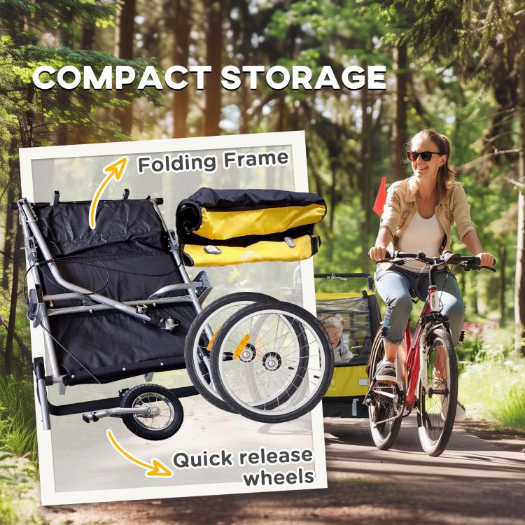 Yellow and black bike trailer with folding frame and front wheel, shown folded