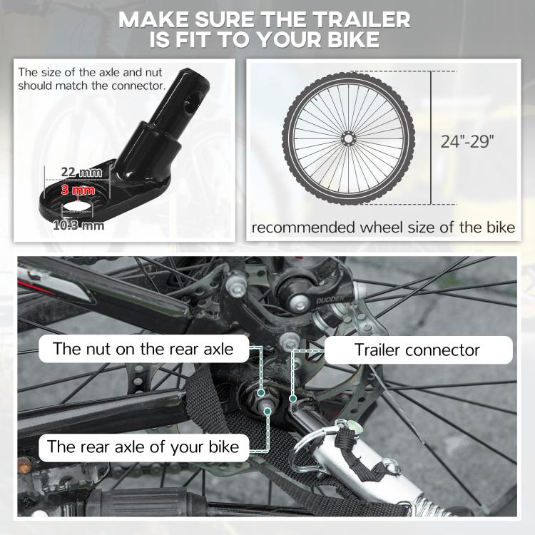Bike trailer connector and axle fitting diagram with wheel-size reference