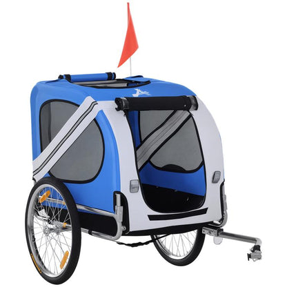 Blue and white dog bike trailer with mesh windows, 3-way entry, and red safety flag