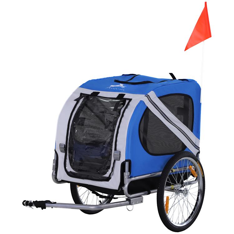 Blue dog bike trailer with black mesh panels, side door, and white frame and wheels