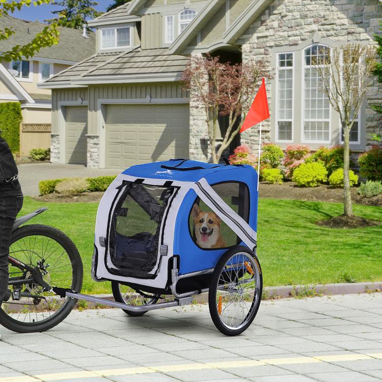 Blue and white dog bike trailer with mesh windows and dog face visible through front panel