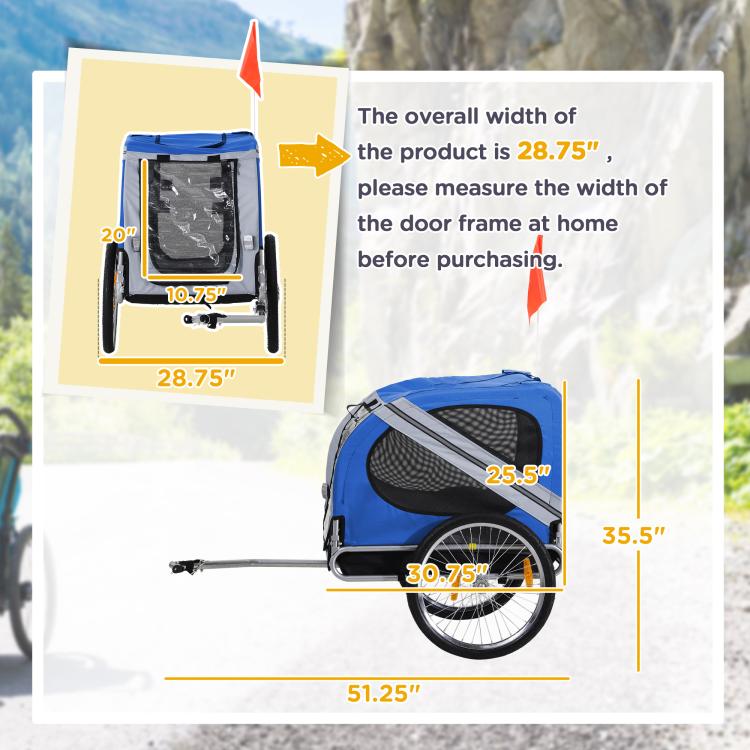 Blue dog bike trailer cart with mesh doors and front wheel, shown with size diagram