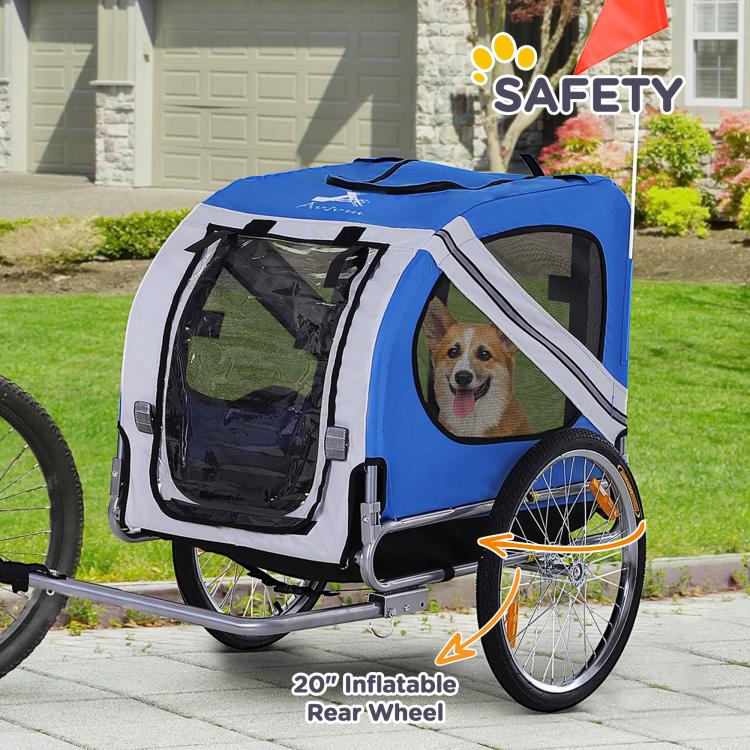 Blue dog bike trailer with dog in front, mesh windows, and inflatable rear wheel
