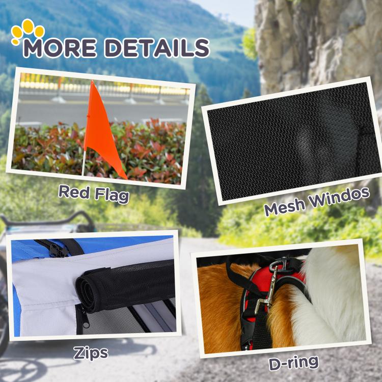 Dog trailer feature detail: red flag, mesh windows, zippers, and D-ring tie-down