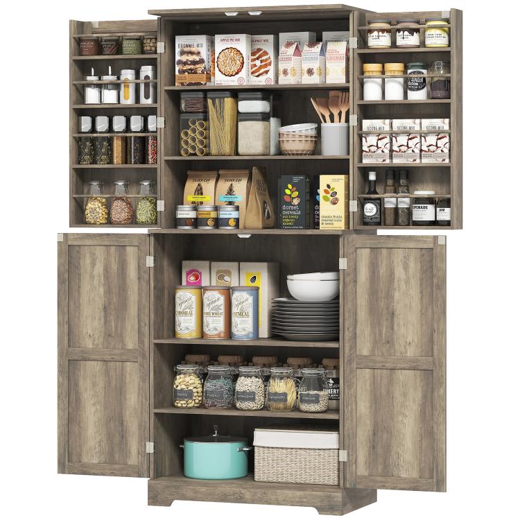 Gray wash kitchen pantry cabinet with barn doors open, multiple shelves for jars and cookware