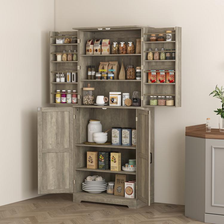 Gray wash kitchen pantry cabinet with barn doors, open shelving compartments and glass-free interior