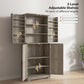 Gray wash pantry cabinet with adjustable shelves and open compartments for different heights
