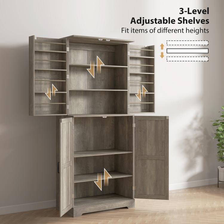 Gray wash pantry cabinet with adjustable shelves and open compartments for different heights