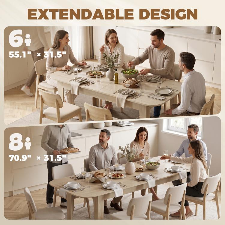 Extendable oval dining table shown with 6- and 8-person layout diagrams