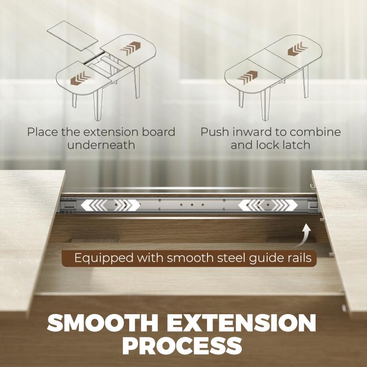 Underside of extendable table with smooth steel guide rails and extension process