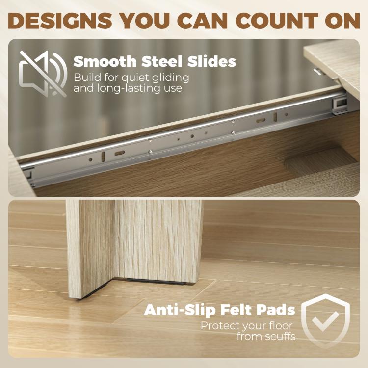 Extendable dining table with smooth steel slide rails and anti-slip felt pads
