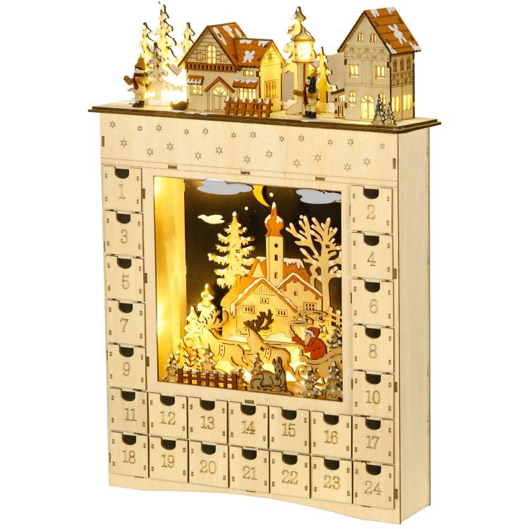 Wooden Christmas advent calendar with 24 numbered drawers and lit village scene window