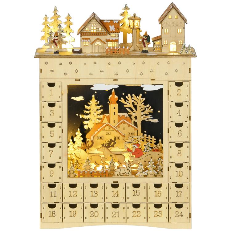 Wooden advent calendar with illuminated winter village window and 24 numbered drawers