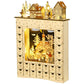 Front view of wooden Christmas advent calendar with lit village scene and 24 drawers