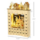 Wooden Christmas advent calendar with 24 drawers and top town houses, size view