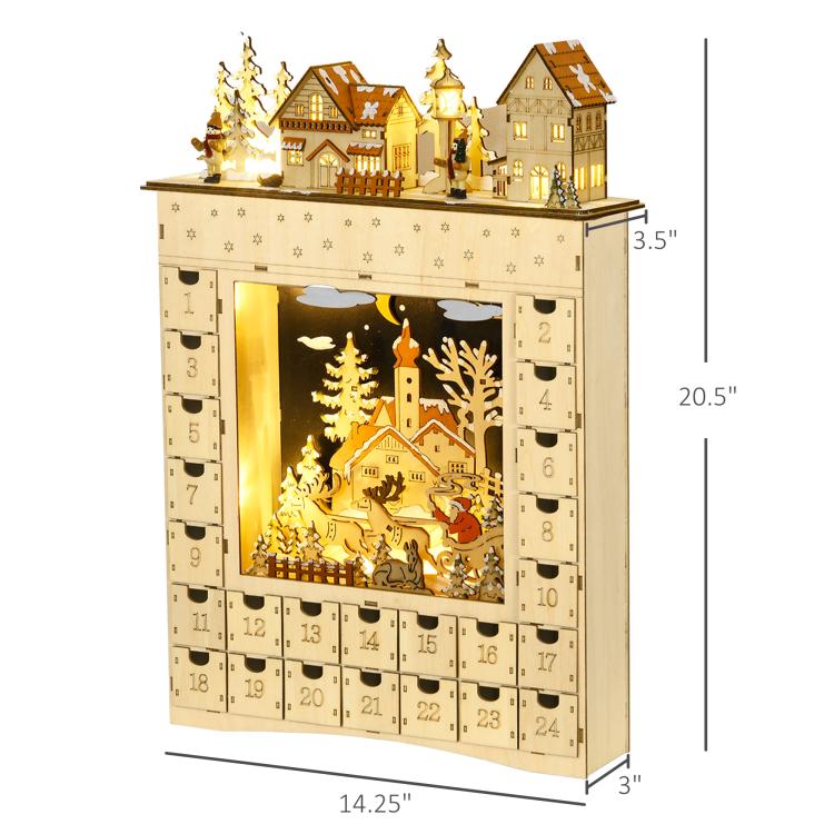 Wooden Christmas advent calendar with 24 drawers and top town houses, size view