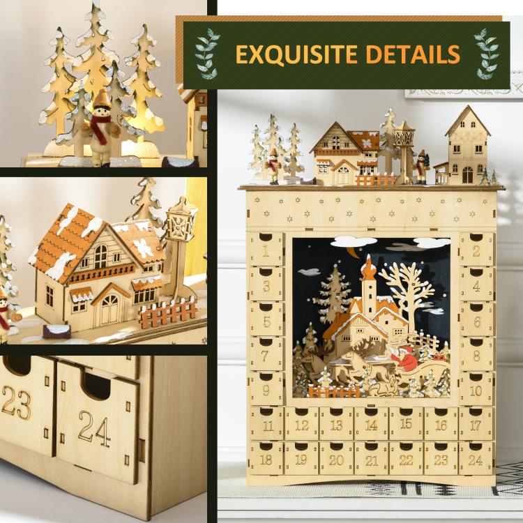 Wooden advent calendar with decorative village top and illuminated window display