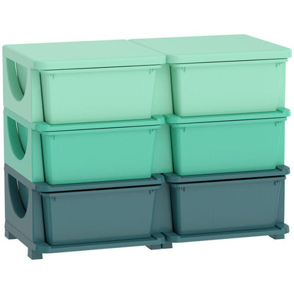 3-tier kids storage organizer with six green drawers and curved handles