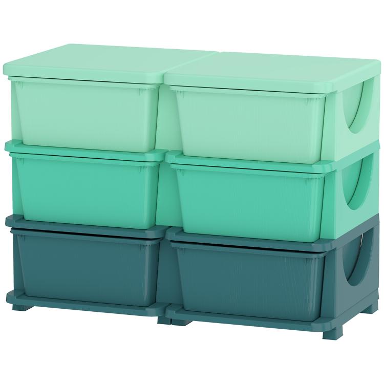 Green 3-tier kids storage organizer showing three stacked drawer bins on each side