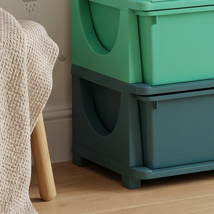 Kids 3-tier storage organizer with 6 green drawers, side view