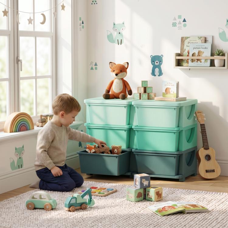 Kids storage organizer with open green drawers for toy storage in a bedroom setting