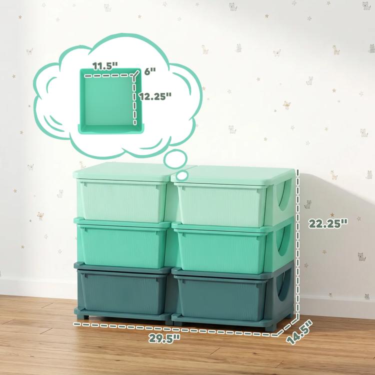 Teal 3-tier kids storage organizer with six drawers, shown with size measurements