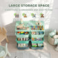 Kids storage organizer with open green drawers holding toys and books