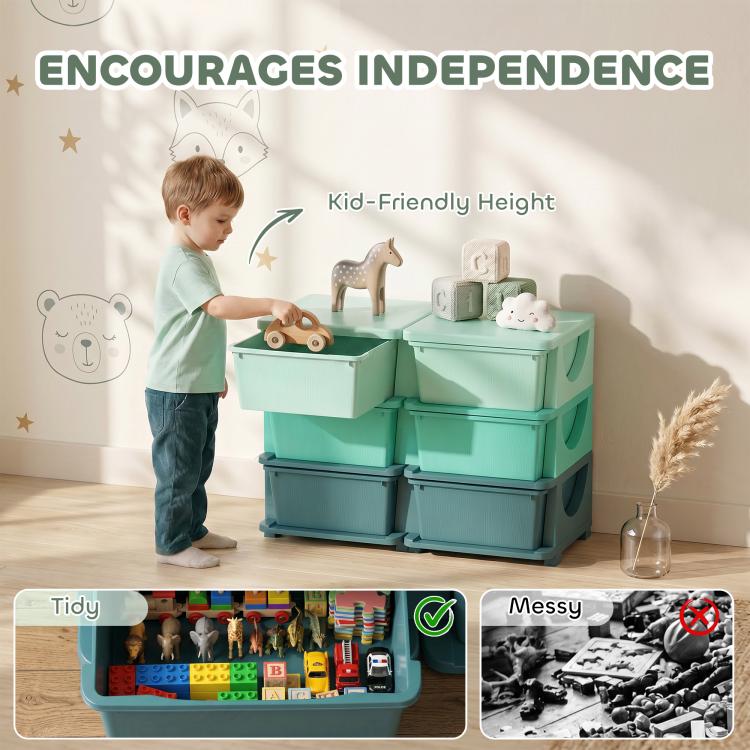Teal kids storage organizer with kid-friendly height and six drawer compartments