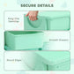 Close-up of green drawer organizer features: easy-grip handle and smooth slides