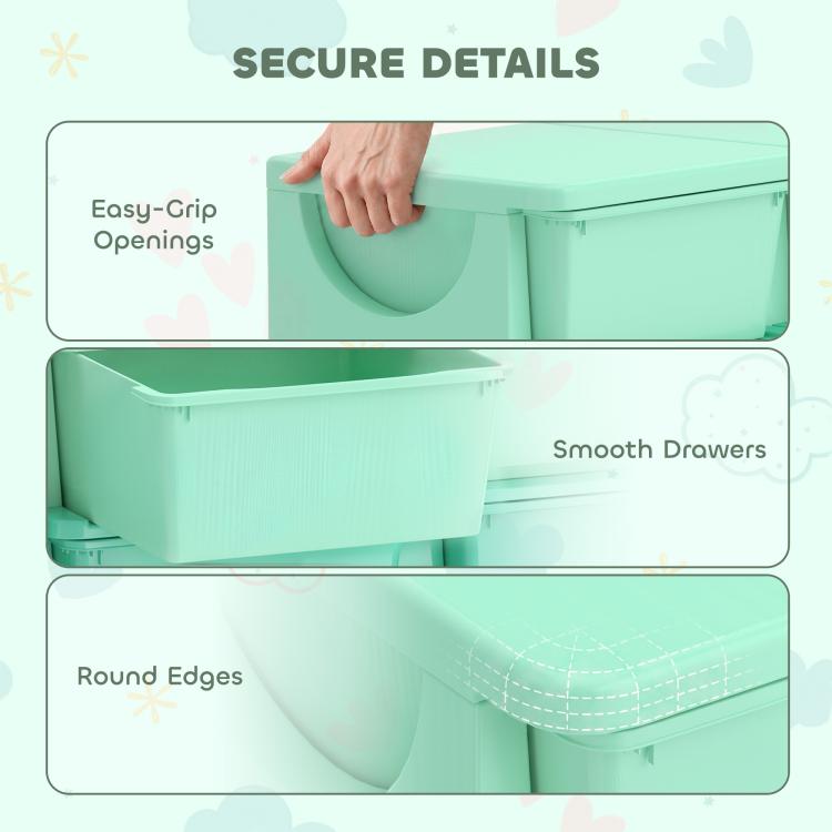 Close-up of green drawer organizer features: easy-grip handle and smooth slides