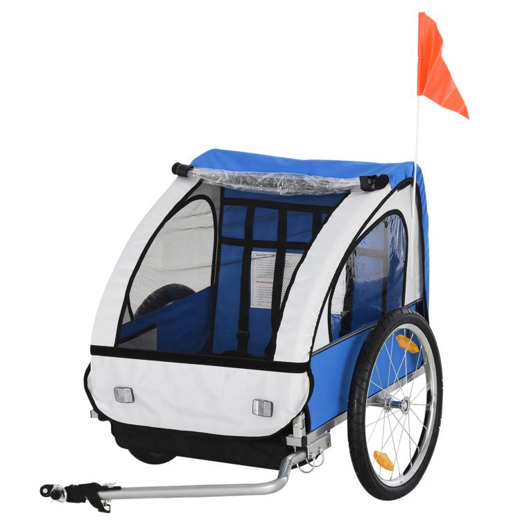2-seat child bike trailer with blue canopy, mesh sides, and front safety harness straps