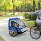 Two-seat child bike trailer with blue frame, clear front window, and tow bar