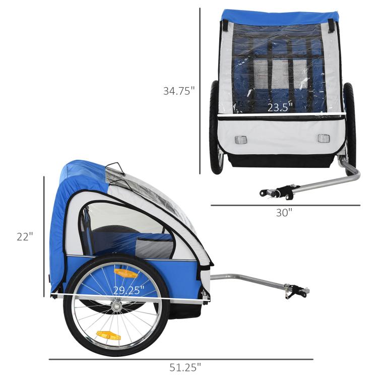 2-seat child bike trailer with tow bar and measurements view in blue and white